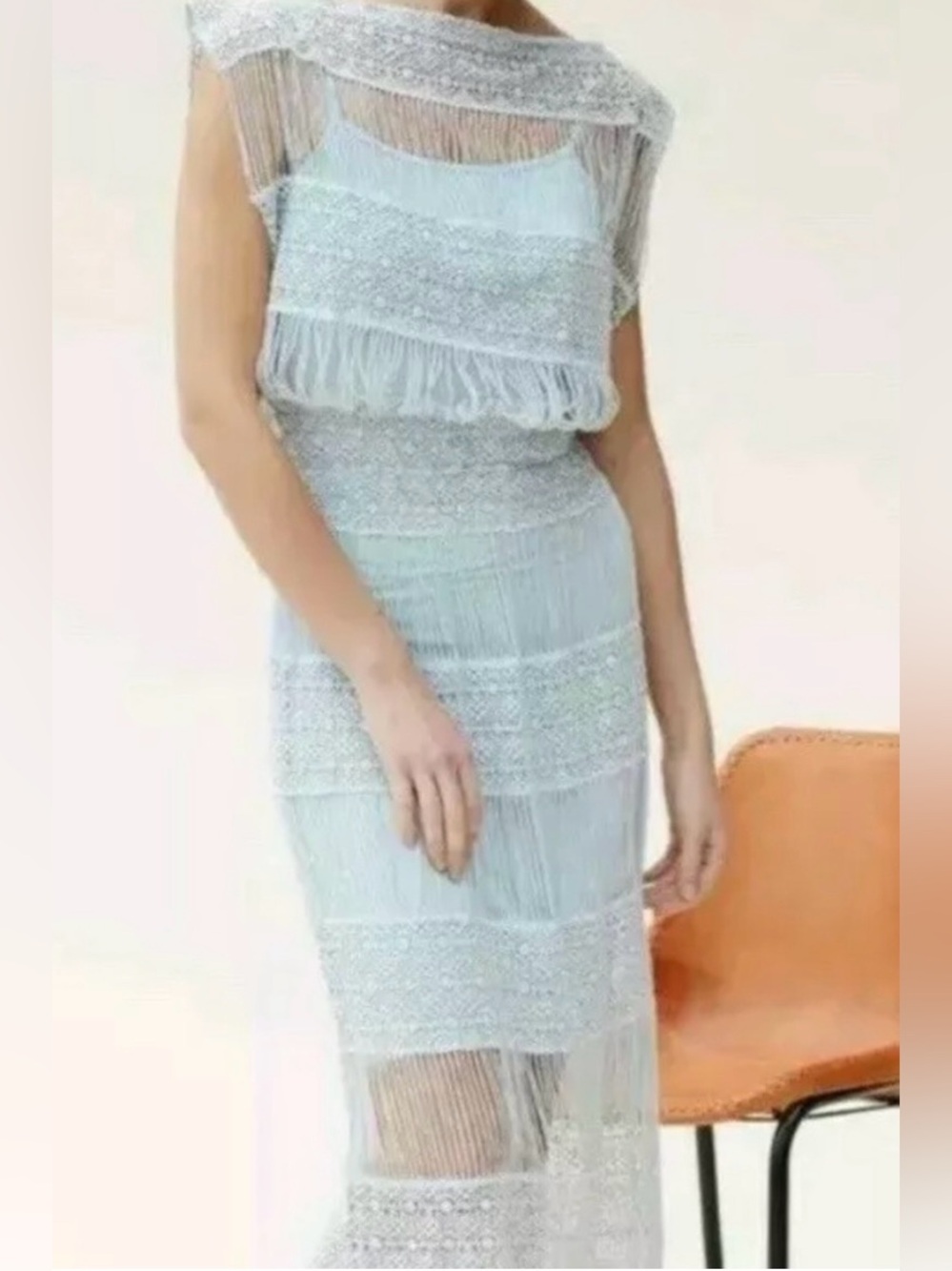 Anthropologie Callahan Light Pale Dusty Blur Crochet Fringe Maxi Dress